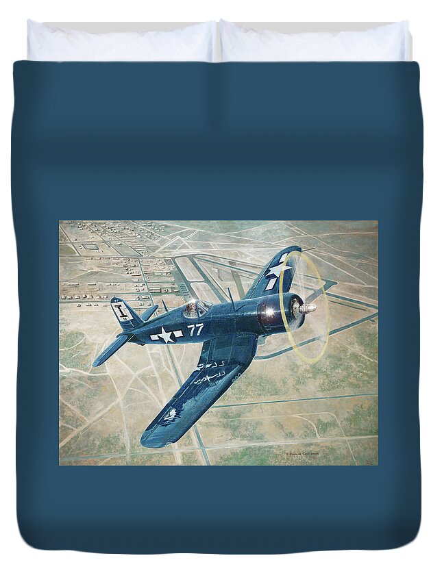 Aviation Duvet Cover featuring the painting Corsair Over Mojave by Douglas Castleman