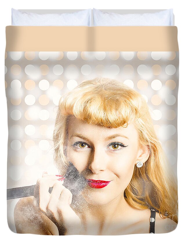 Make Duvet Cover featuring the photograph Cosmetics makeover pin up by Jorgo Photography