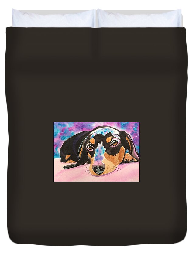 Dachshund Duvet Cover featuring the painting Cosmic Doxie by Sonja Jones