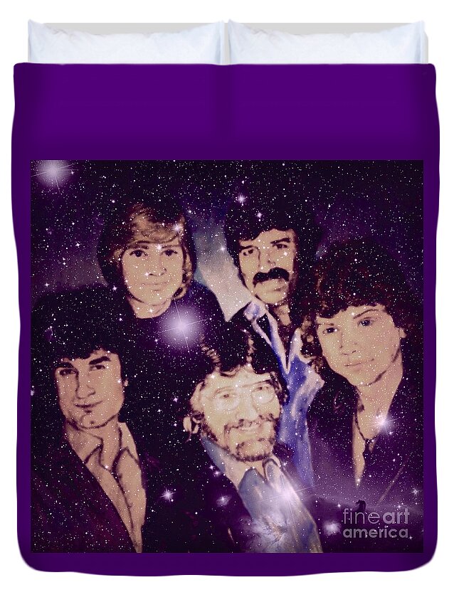 The Moody Blues Duvet Cover featuring the mixed media Cosmic Rockers by Joan-Violet Stretch