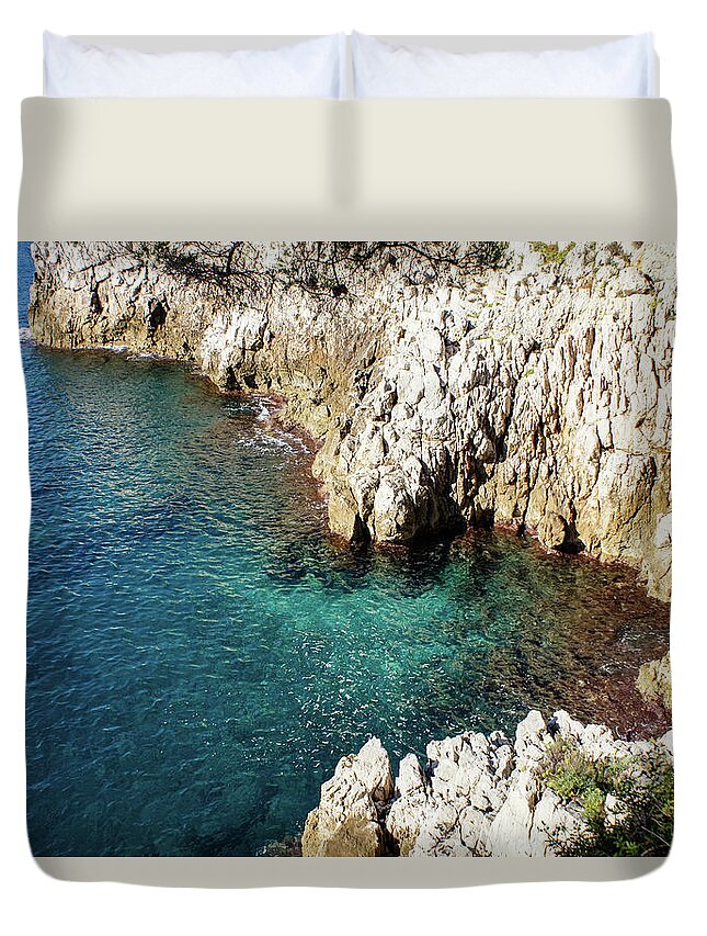 Georgia Mizuleva Duvet Cover featuring the photograph Cote D Azur - Silky Mediterranean Cove in the Sunshine by Georgia Mizuleva
