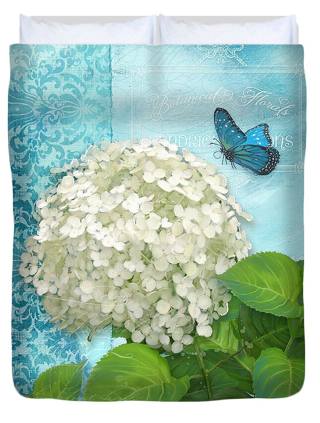 White Hydrangea Duvet Cover featuring the painting Cottage Garden White Hydrangea with Blue Butterfly by Audrey Jeanne Roberts