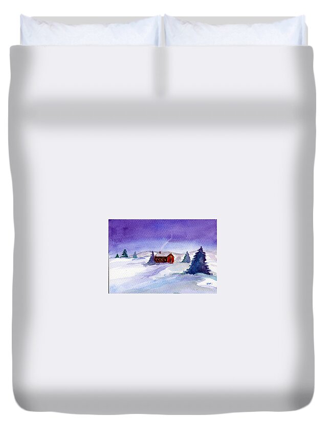 Cottage Duvet Cover featuring the painting Cottage in winter by Clara Sue Beym