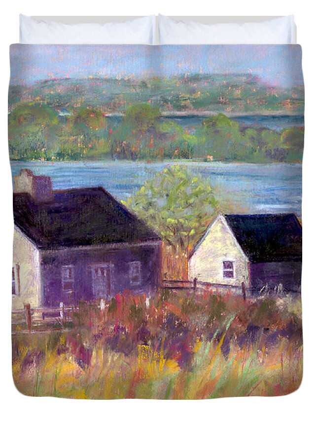 Cottages At The Edge Of The Bay Duvet Cover featuring the pastel Cottages By The Bay by Julie Maas