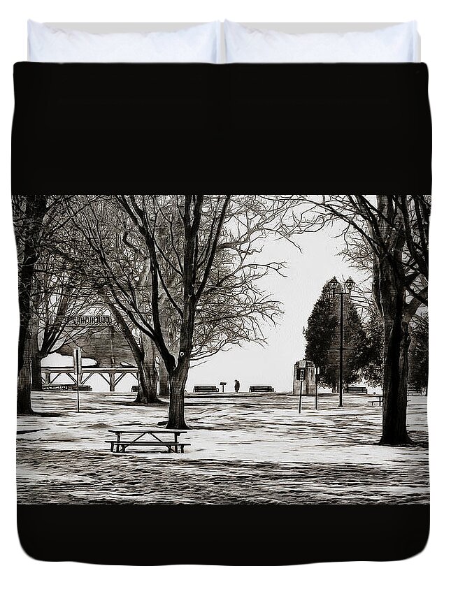 Orillia Duvet Cover featuring the digital art Couchiching Park in Pencil by JGracey Stinson