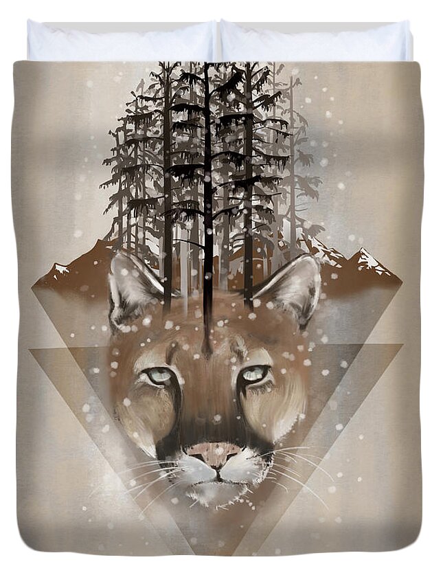 Wildlife Duvet Cover featuring the painting Cougar by Sassan Filsoof
