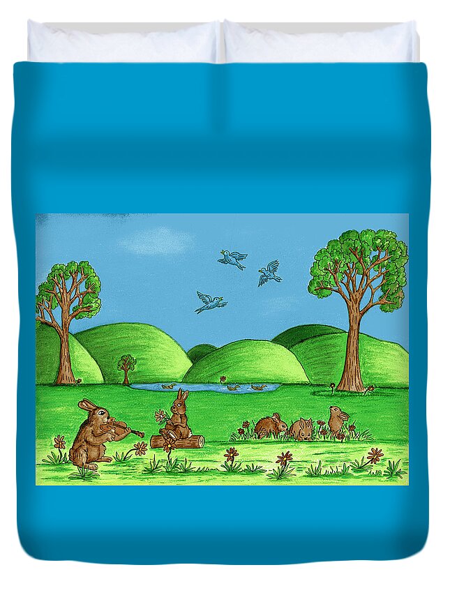 Landscape Duvet Cover featuring the drawing Country Bunnies by Christina Wedberg