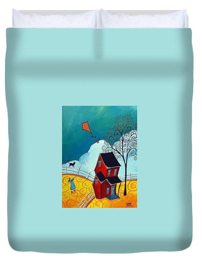 Art Duvet Cover featuring the painting Country Girl - whimsical landscape cat by Debbie Criswell