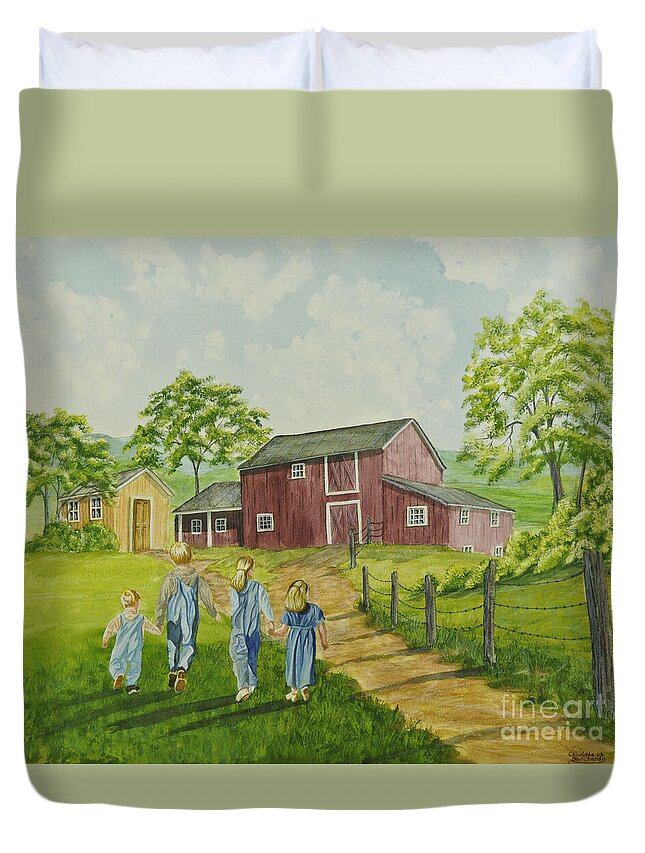 Country Kids Art Duvet Cover featuring the painting Country Kids by Charlotte Blanchard