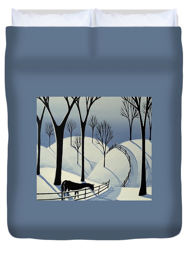 Folk Art Duvet Cover featuring the painting Country Winter Road - horse snow folk art by Debbie Criswell