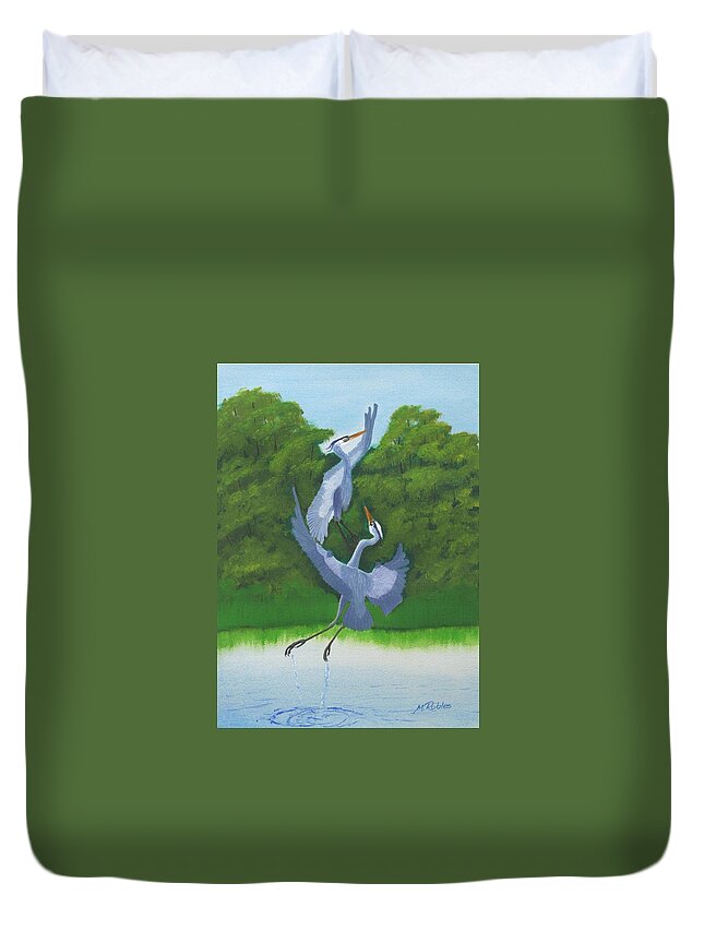 Great Blue Herons Duvet Cover featuring the painting Courtship Dance by Mike Robles