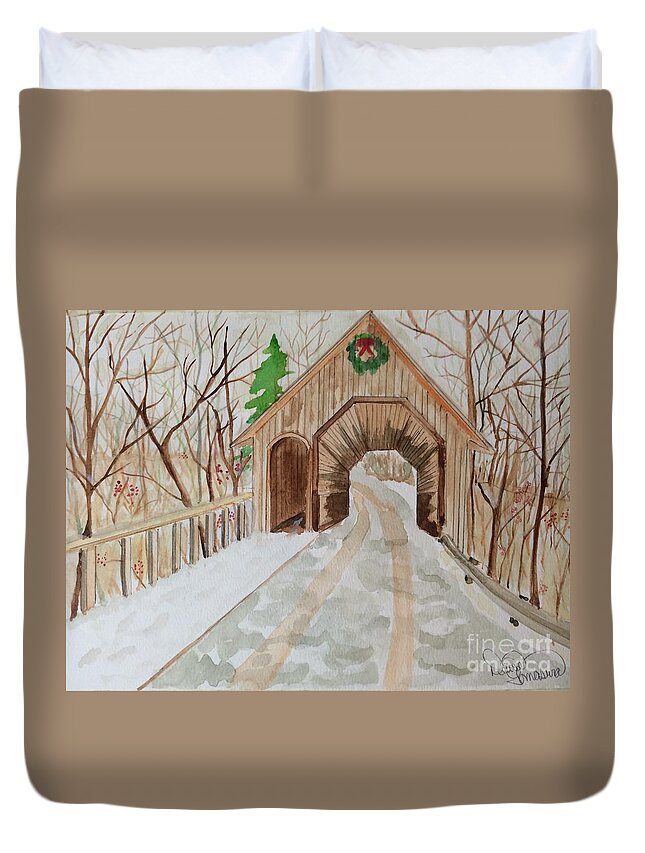 Covered Bridge Duvet Cover featuring the painting Covered Bridge by Denise Tomasura