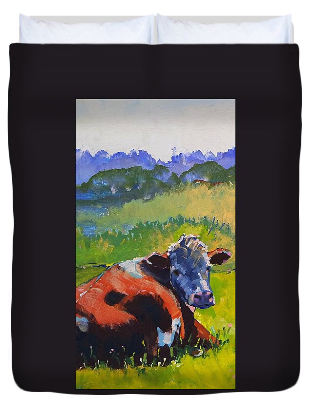  Duvet Cover featuring the drawing Cow Lying Down On A Sunny Day by Mike Jory