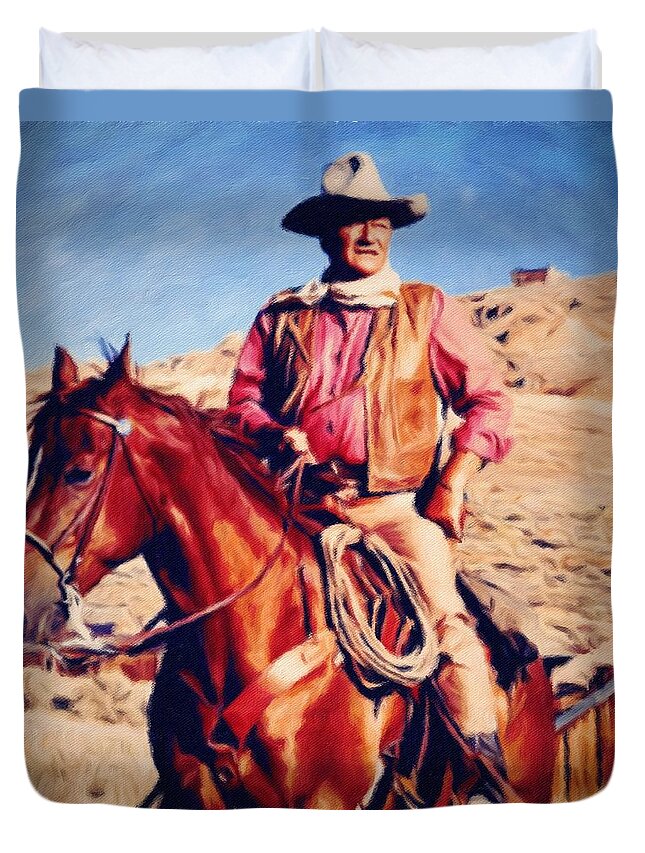 John Wayne Duvet Cover featuring the painting Cowboy John Wayne by Vincent Monozlay