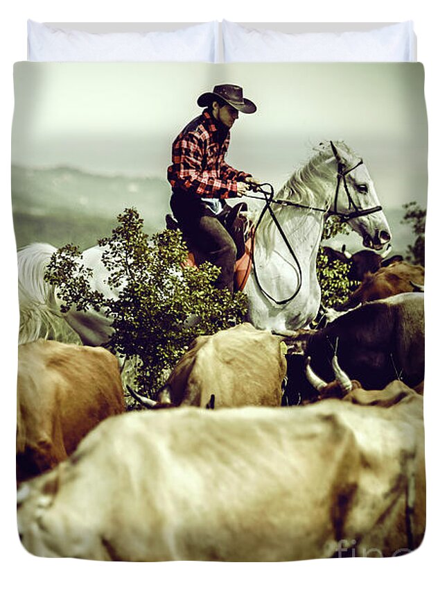 Horse Duvet Cover featuring the photograph Cowboy on cattle round by Dimitar Hristov