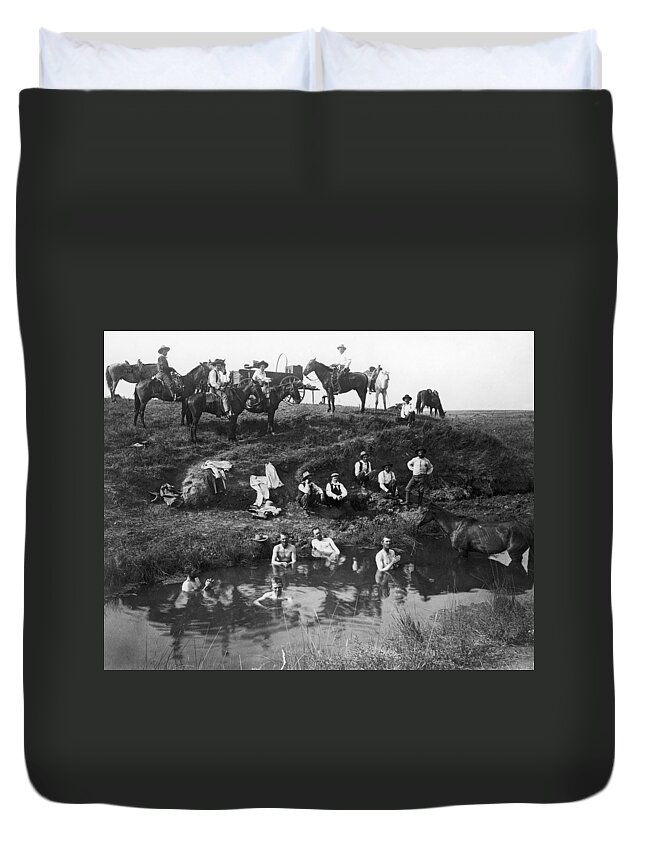 1890 Duvet Cover featuring the photograph Cowboys Bathing by Granger