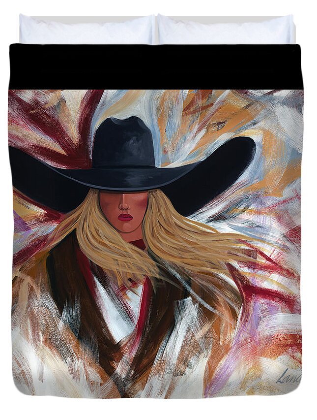 Colorful Cowboy Painting. Duvet Cover featuring the painting Cowgirl Colors by Lance Headlee