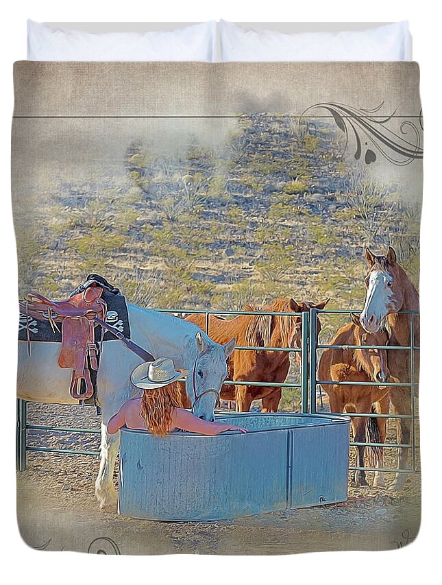  Spa Duvet Cover featuring the digital art Cowgirl Spa 5p of 6 by Walter Herrit