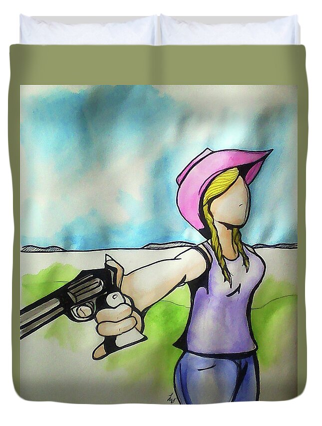 Cowgirl Duvet Cover featuring the painting Cowgirl with gun by Loretta Nash