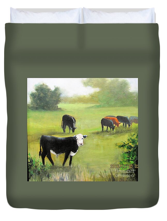 Black Duvet Cover featuring the painting Cows in Pasture by Barbara Haviland