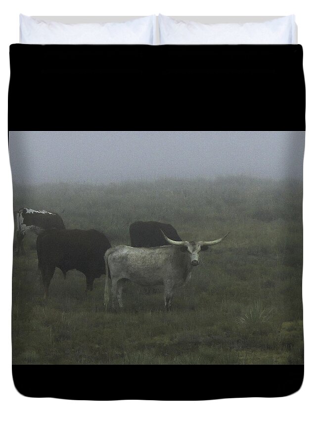Longhorns Duvet Cover featuring the photograph Cows in the Fog by Sandra Dalton