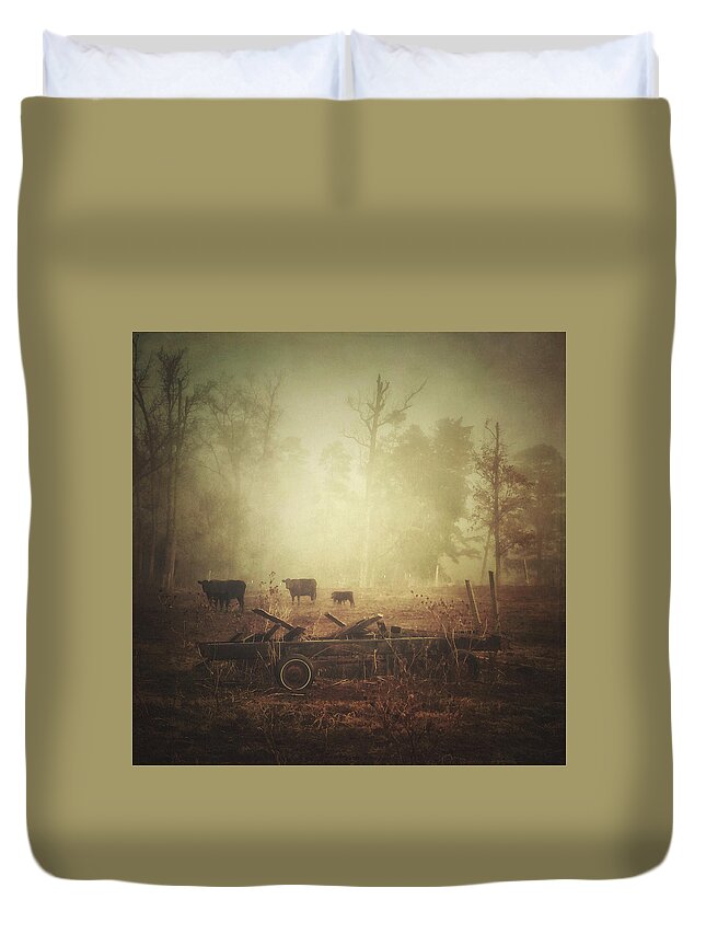 Photography Duvet Cover featuring the photograph Cows, Wagon, Fog by Melissa D Johnston