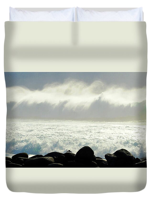 Crab Duvet Cover featuring the photograph Crab Awaiting Impending Wave by Ted Keller