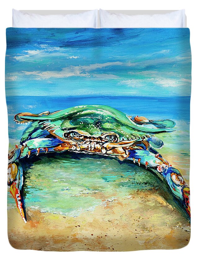 Louisiana Blue Claw Crab Duvet Cover featuring the painting Crabby at the Beach by Dianne Parks