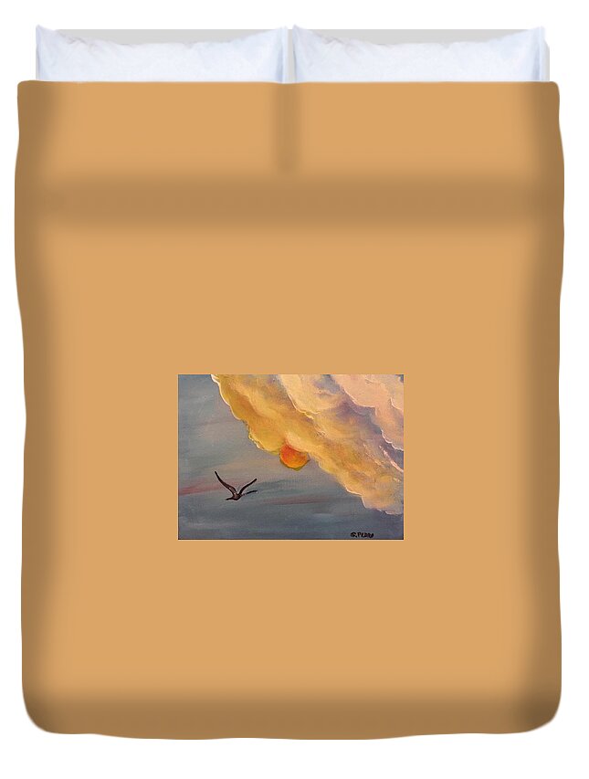 Crane Duvet Cover featuring the painting Crane in Flight during a Florida Sunset by George Pedro
