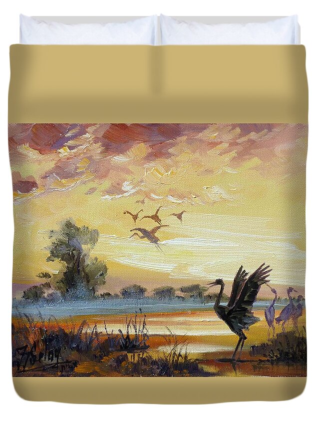 Cranes Duvet Cover featuring the painting Cranes - evening flight by Irek Szelag