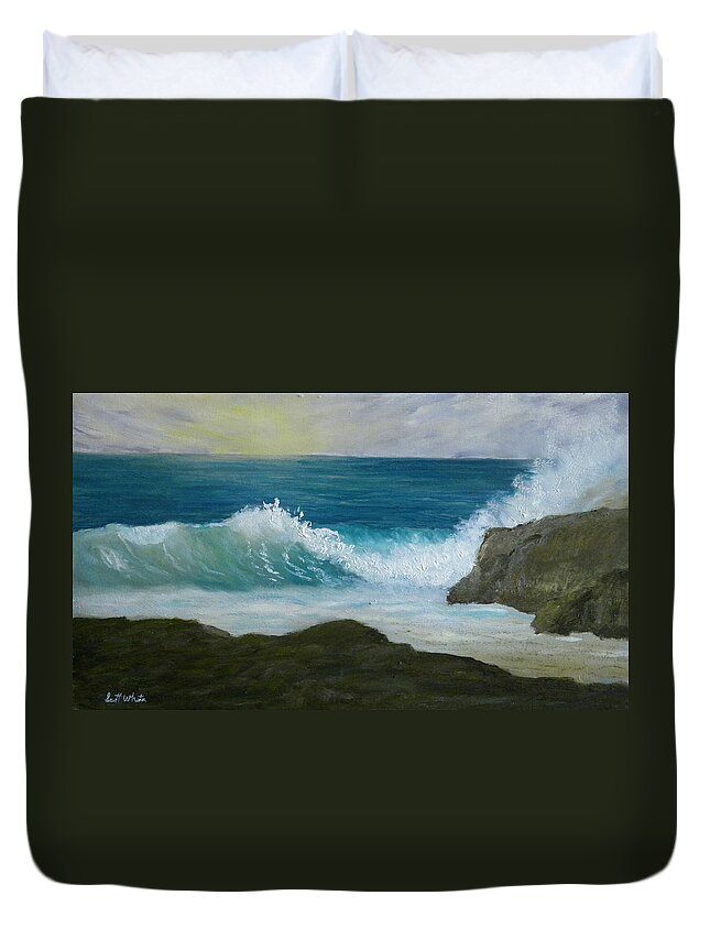 Waves Seascape Landscape Ocean Rocks Coast Maine Duvet Cover featuring the painting Crashing Wave 3 by Scott W White