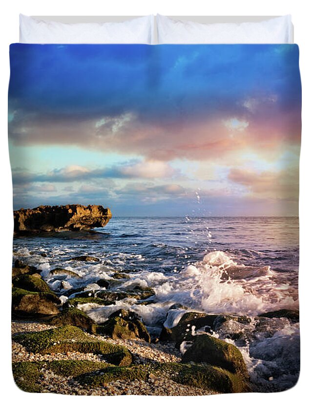 Clouds Duvet Cover featuring the photograph Crashing Waves at Low Tide by Debra and Dave Vanderlaan