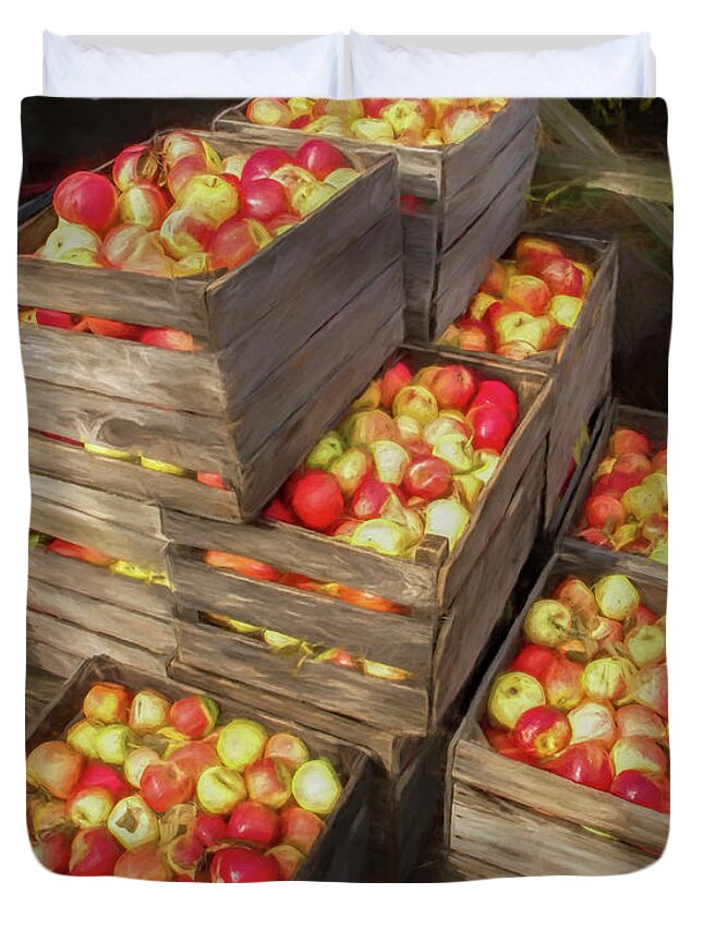 Art Duvet Cover featuring the photograph Crated Apples waiting for the Cider Press Painterly Version by Randall Nyhof
