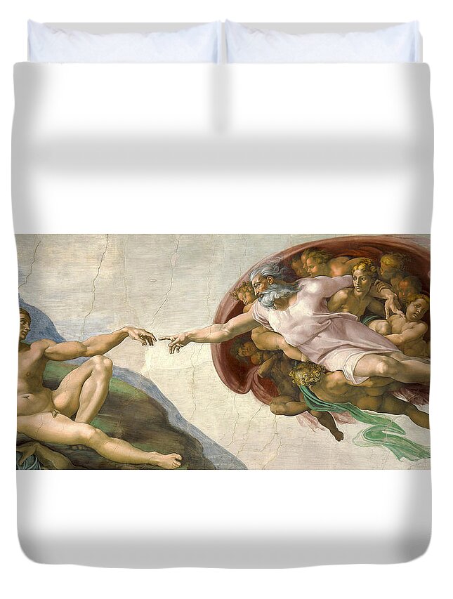 Creation Of Adam Duvet Cover featuring the painting Creation of Adam - Painted by Michelangelo by War Is Hell Store