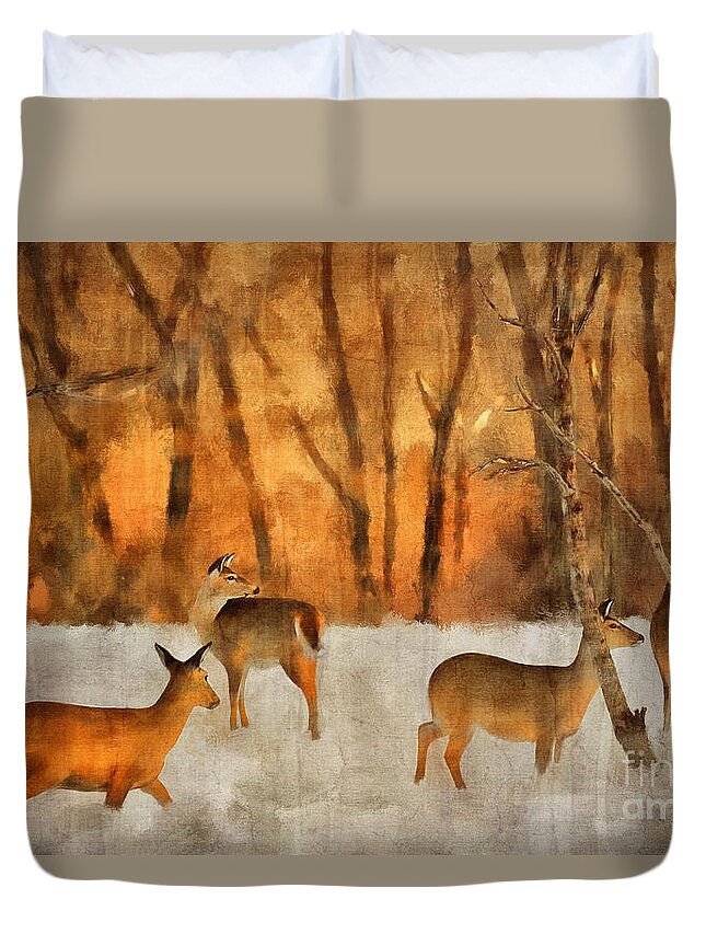 Deer Duvet Cover featuring the digital art Creatures of a Winter Sunset by Lois Bryan