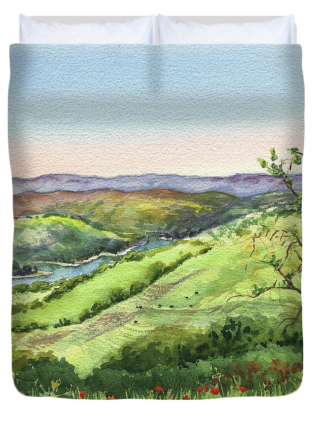 Hills Duvet Cover featuring the painting Creek In The Hills Watercolor Landscape by Irina Sztukowski