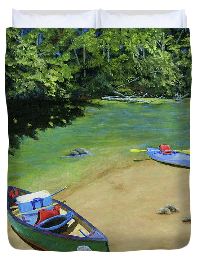 Canoe Duvet Cover featuring the painting Creek Lunch Break by Donna Tucker
