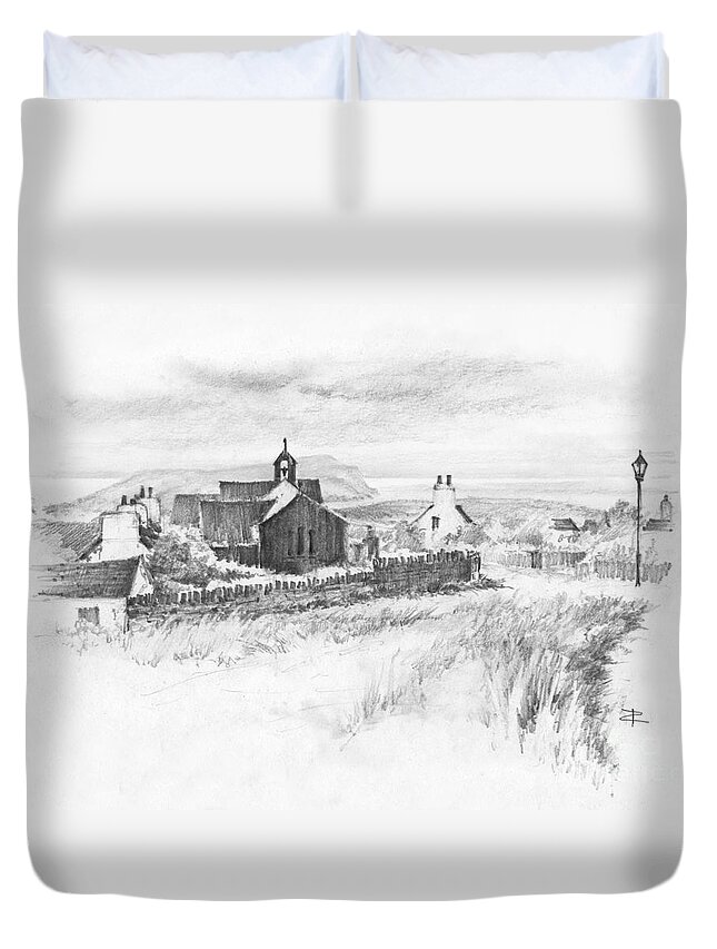 Landscape Duvet Cover featuring the drawing Cregneish sketch by Paul Davenport