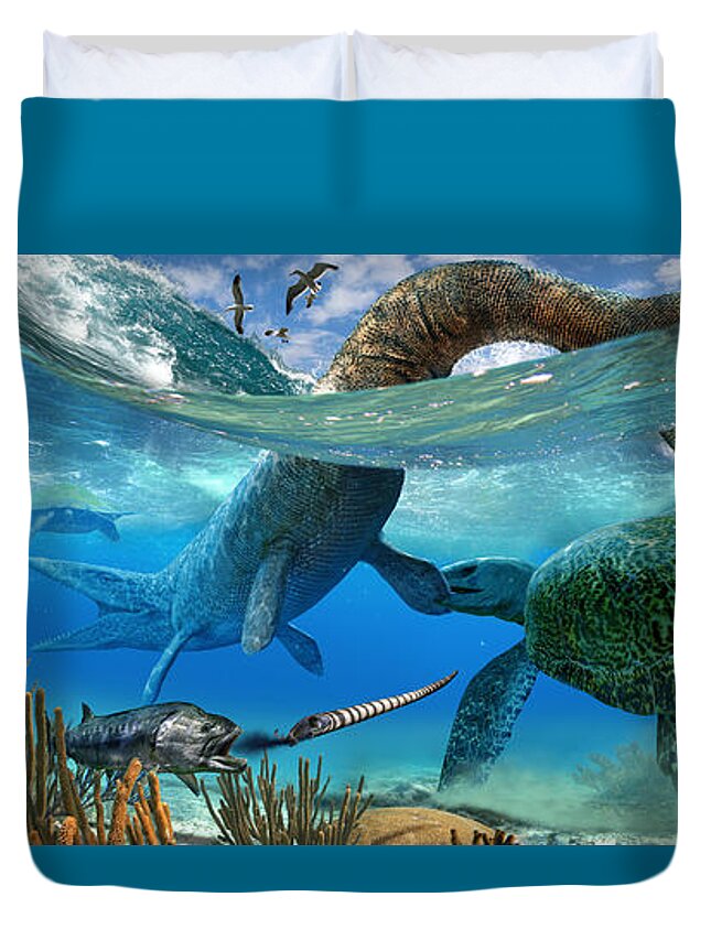 Paleoart Duvet Cover featuring the digital art Cretaceous Marine Scene by Julius Csotonyi