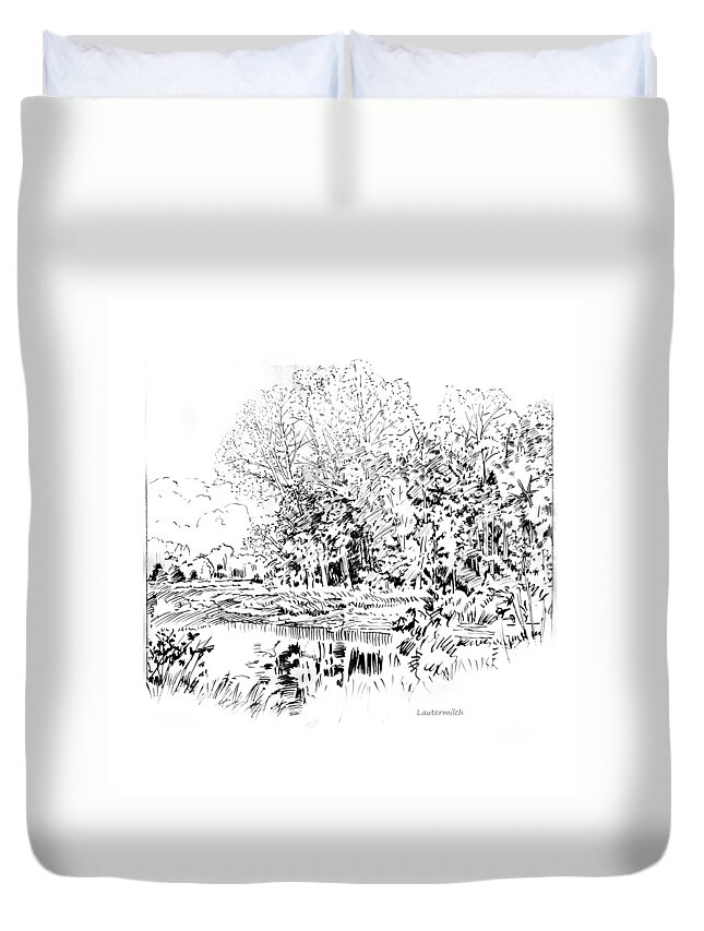 Trees Duvet Cover featuring the drawing Creve Coeur Lake by John Lautermilch