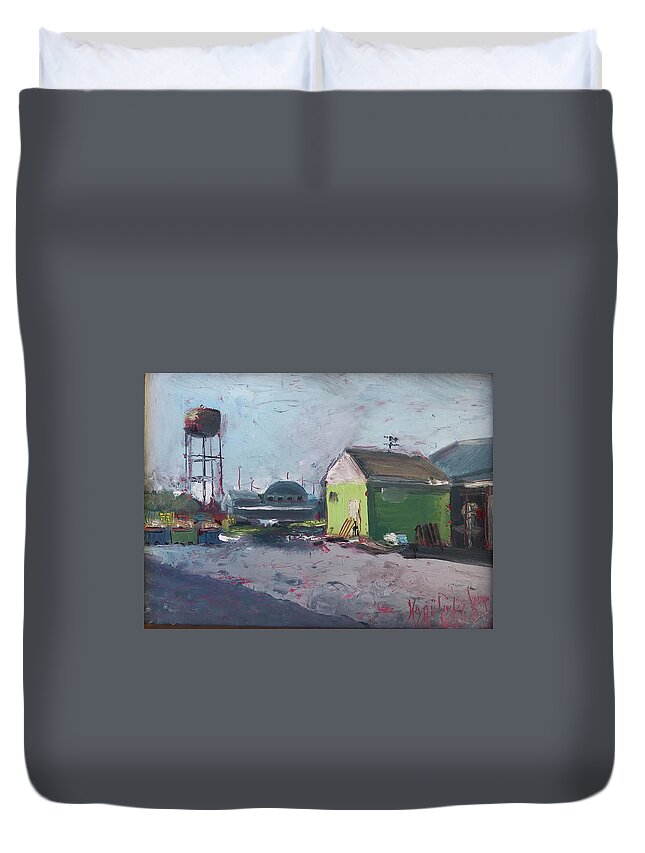 Impressionistic Painting Duvet Cover featuring the painting Crisfield Shedding Yard by Maggii Sarfaty