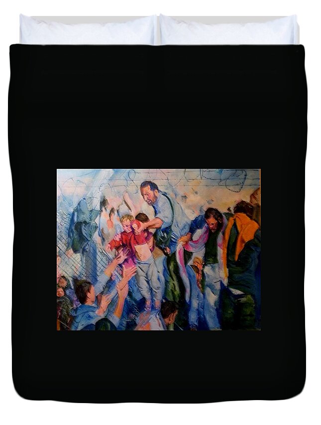 Refugees Duvet Cover featuring the painting Crisis, What Crisis ? by Rosanne Gartner