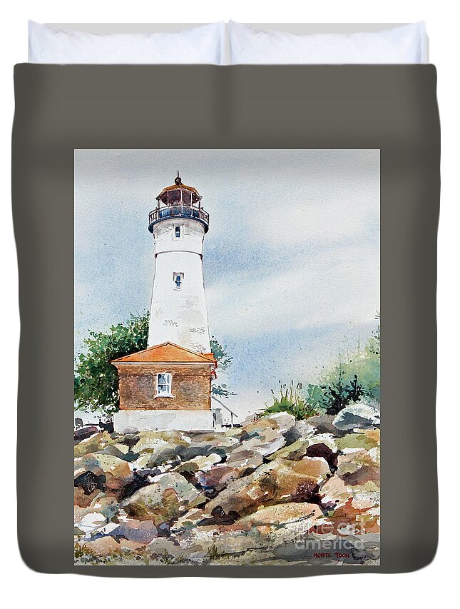 The Crisp Lighthouse On The Southern Shore Of Lake Superior. Duvet Cover featuring the painting Crisp Lighthouse by Monte Toon