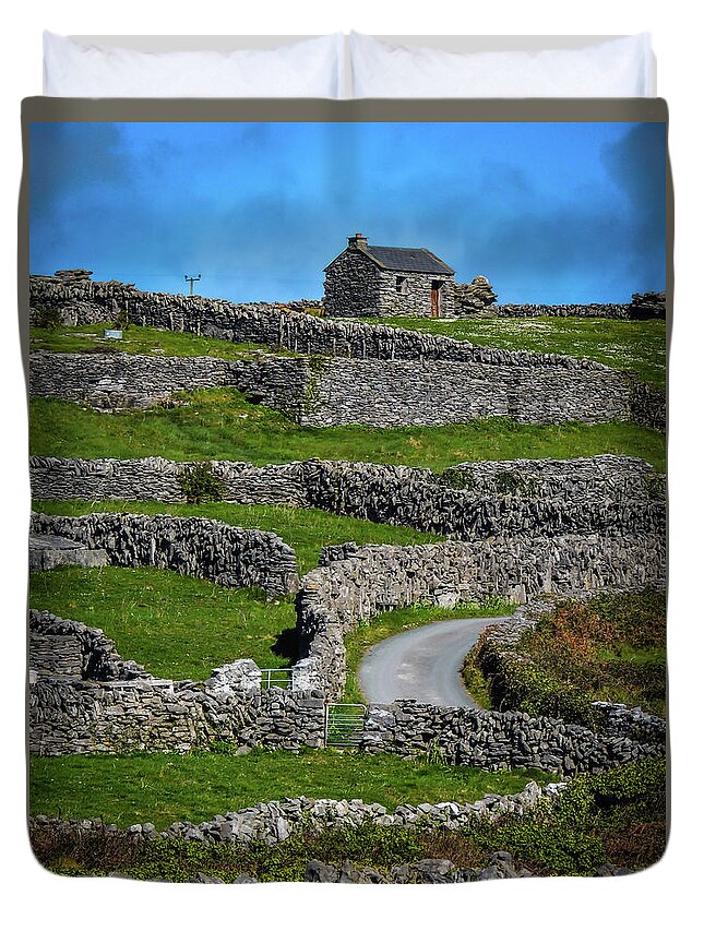 Ireland Duvet Cover featuring the photograph Criss-crossed stone walls of Inisheer by James Truett