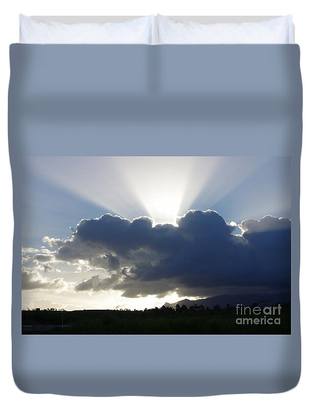 Afternoon Duvet Cover featuring the painting Crocodile Clouds Sunrays and Mt Bartle Frere FNQ by Kerryn Madsen-Pietsch