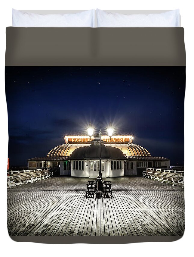 Pier Duvet Cover featuring the photograph Cromer pier pavilion at night by Simon Bratt