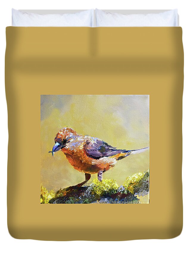 Bird Duvet Cover featuring the painting Crossbill by Jan Hardenburger