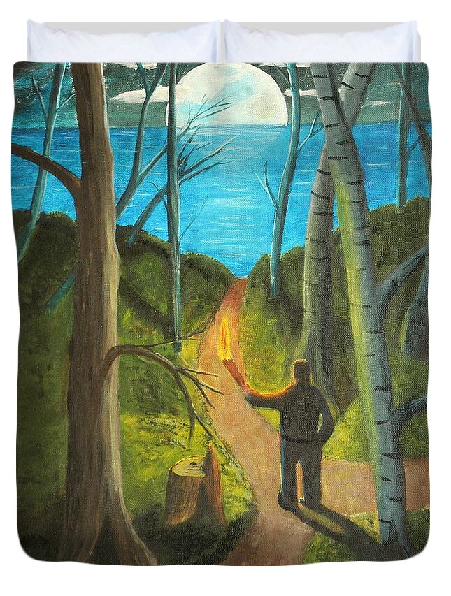 Forest Duvet Cover featuring the painting Crossroads by David Bigelow
