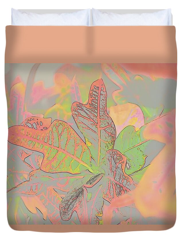 Linda Brody Duvet Cover featuring the digital art Croton Leaves I Pastel by Linda Brody