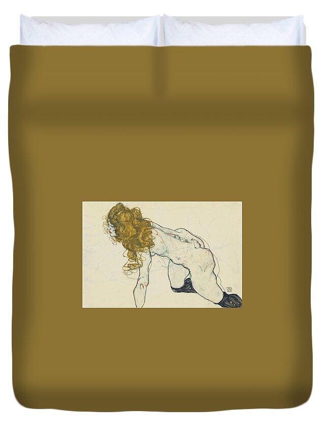 Egon Schiele Duvet Cover featuring the drawing Crouching Blonde Nude with extended Left Arm by Egon Schiele